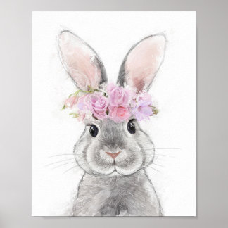 Affiche Lapin gris avec Portrait de couronne de fleurs