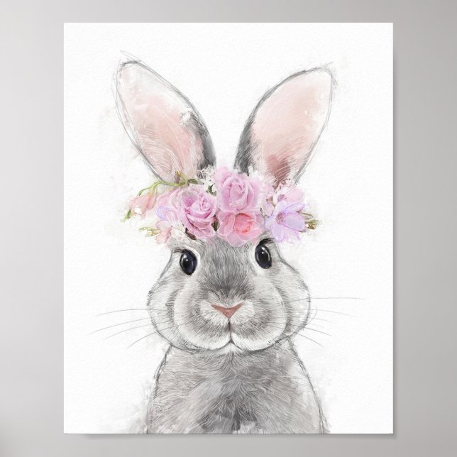 Affiche Lapin gris avec Portrait de couronne de fleurs (Devant)