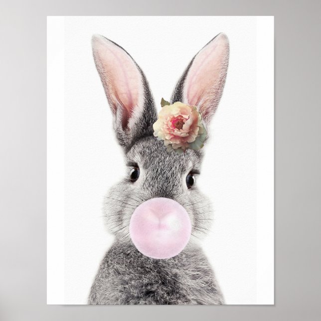Affiche Lapin gris soufflant une fleur d'anémone en gomme  (Devant)