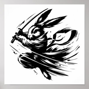Affiche Lapin Guerrier à l'Encre Noire Samouraï