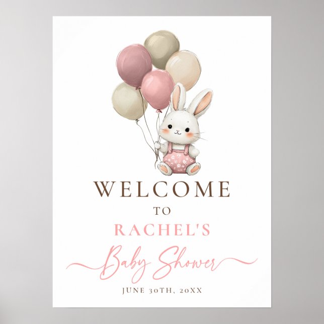 Affiche Lapin Lapin Balloon rose bébé fille Douche Bienven (Devant)