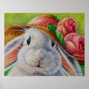 Affiche Lapin lapin blanc au printemps Bonnet Art 11x14