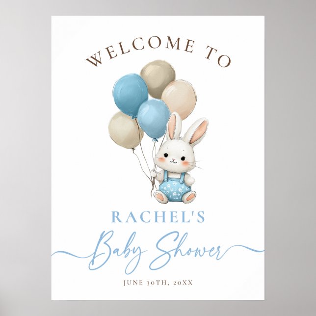 Affiche Lapin Lapin Bleu Ballons Baby shower garçon Bienve (Devant)