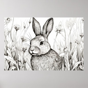 Affiche Lapin Lapin Nature paisible Prairie Sketch Art