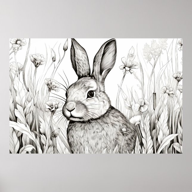 Affiche Lapin Lapin Nature paisible Prairie Sketch Art (Devant)