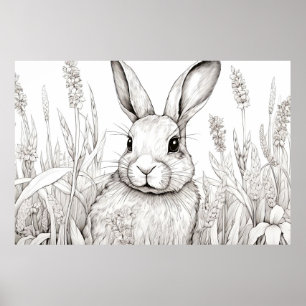 Affiche Lapin Lapin Nature paisible Prairie Sketch Art