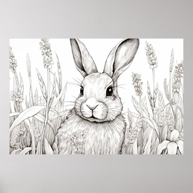 Affiche Lapin Lapin Nature paisible Prairie Sketch Art (Devant)