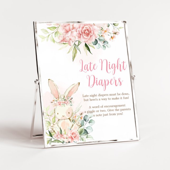 Affiche Lapin Lapin Rose Floral Bébé Diapeurs de nuit tard (A Little Bunny Girl Baby Shower Late Night Diapers Sign)