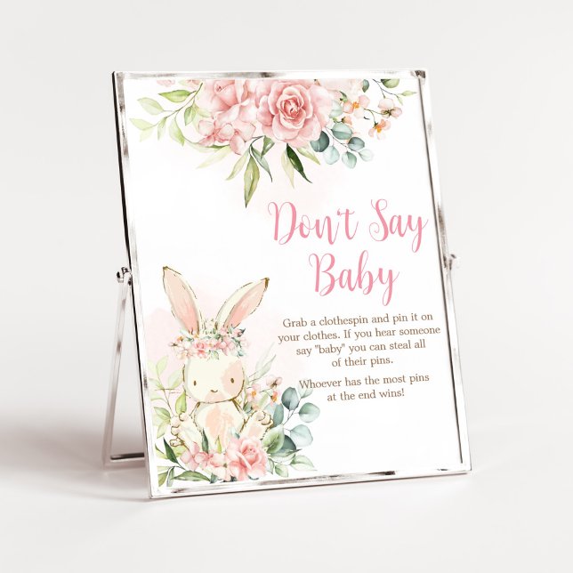 Affiche Lapin Lapin Rose Floral Lapin Baby Ne pas dire béb (A Little Bunny Girl Baby Shower Don't Say Baby Sign)
