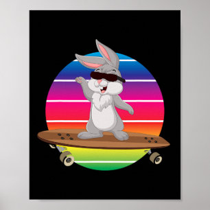 Affiche Lapin Mignon à Vélo sur Skateboard Arc-en-Ciel Ska