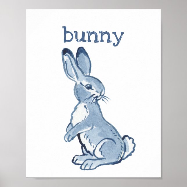 Affiche Lapin Mignon Aquarelle Bleue Animal Nature (Devant)