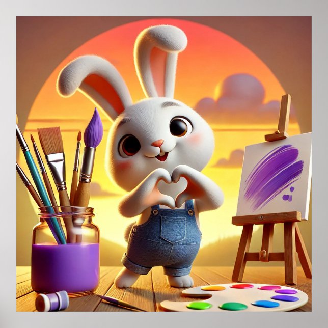 Affiche Lapin mignon avec fournitures de peinture au couch (Devant)
