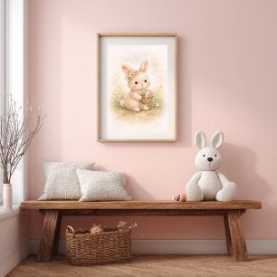 Affiche Lapin Mignon Avec Panier de Fleurs Chambre Enfant