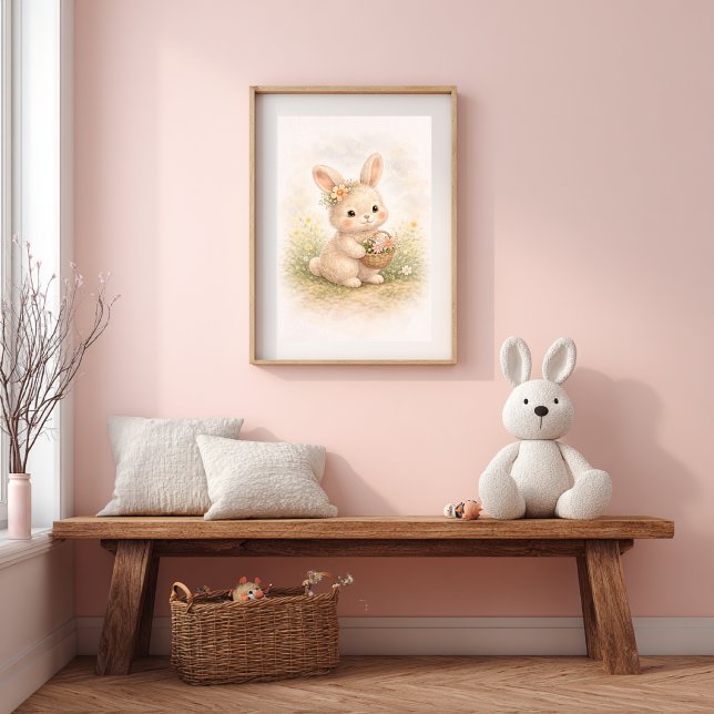 Affiche Lapin Mignon Avec Panier de Fleurs Chambre Enfant  (Créateur téléchargé)
