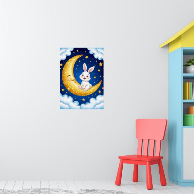 Affiche Lapin Mignon Croissant de Lune Doré 🐰🌙Décoration (Pépinière 1)