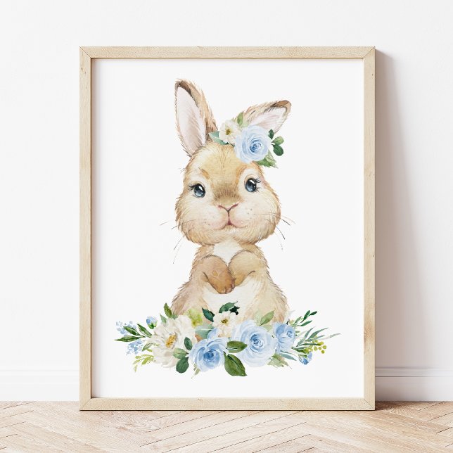 Affiche Lapin mignon, Lapin, Fleurs Bleues, Pépinière (Créateur téléchargé)