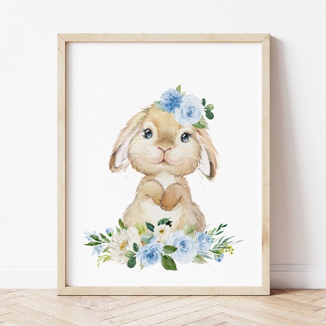 Affiche Lapin mignon, Lapin, Fleurs Bleues, Pépinière (Créateur téléchargé)