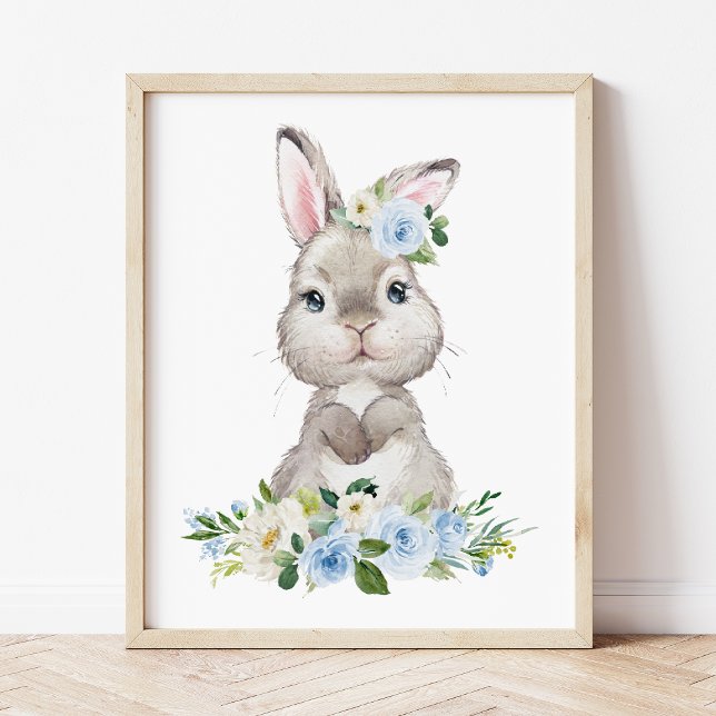 Affiche Lapin mignon, Lapin, Fleurs Bleues, Pépinière (Créateur téléchargé)