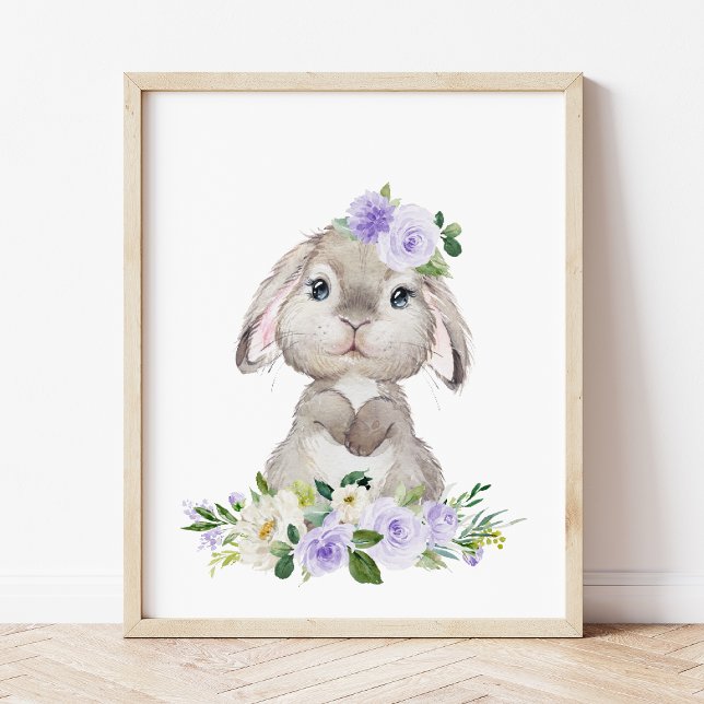 Affiche Lapin mignon, Lapin, Fleurs pourpres, Neutre Genre (Créateur téléchargé)
