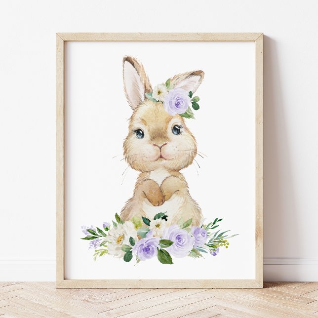 Affiche Lapin mignon, Lapin, Fleurs pourpres, Neutre Genre (Créateur téléchargé)