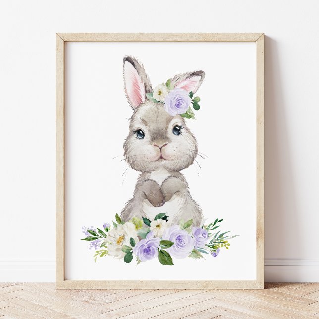 Affiche Lapin mignon, Lapin, Fleurs pourpres, Neutre Genre (Créateur téléchargé)