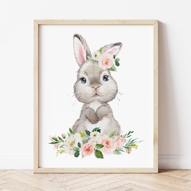 Affiche Lapin mignon, Lapin, Fleurs roses, Nourriture pour (Créateur téléchargé)