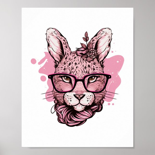 Affiche Lapin Mignon Lunettes Roses Floral Léopard Pâques (Devant)