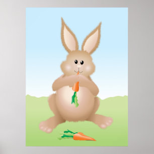 Affiche Lapin Mignon Mangeant une Carotte Adorable