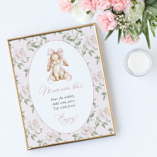 Affiche Lapin Mignon, Nœud Rose, Fleurs Roses, Bar Momosa