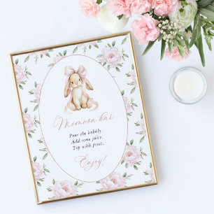 Affiche Lapin Mignon, Nœud Rose, Fleurs Roses, Bar Momosa