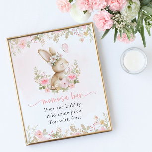Affiche Lapin Mignon, Papillon, Fleurs Roses, Bar Momosa