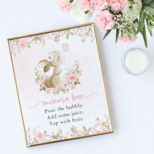 Affiche Lapin Mignon, Papillon, Fleurs Roses, Momosa Bar