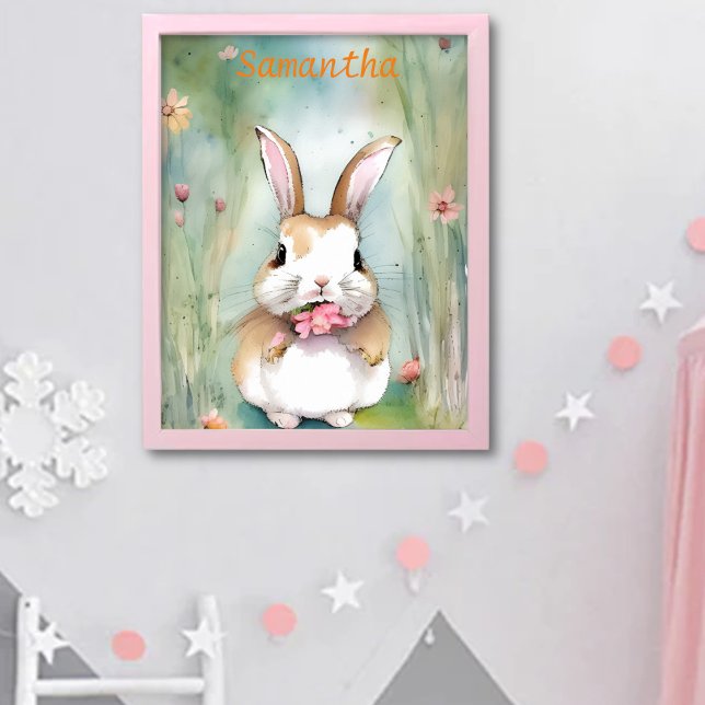 Affiche Lapin mignon pastel aquarelle fleurs printanières (Créateur téléchargé)