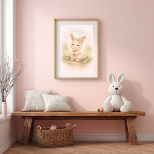 Affiche Lapin Mignon Tenant Une Fleur Chambre Enfant Neutr