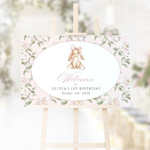 Affiche Lapin, Nœud, Fleurs Roses, Bienvenue pour le Premi