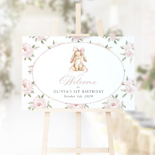 Affiche Lapin, Nœud, Fleurs Roses, Bienvenue pour le Premi