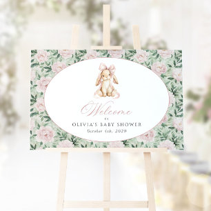 Affiche Lapin, Nœud Rose, Fleurs Roses, Bienvenue à la Bab