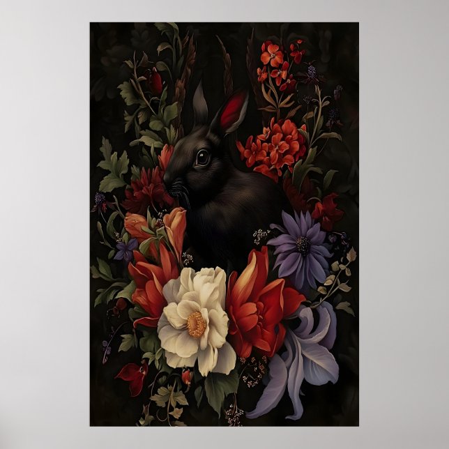 Affiche Lapin noir Art botanique mural, Sombre (Devant)