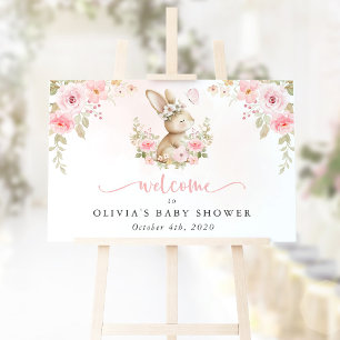 Affiche Lapin, Papillon, Fleurs, Bienvenue à la Baby Showe