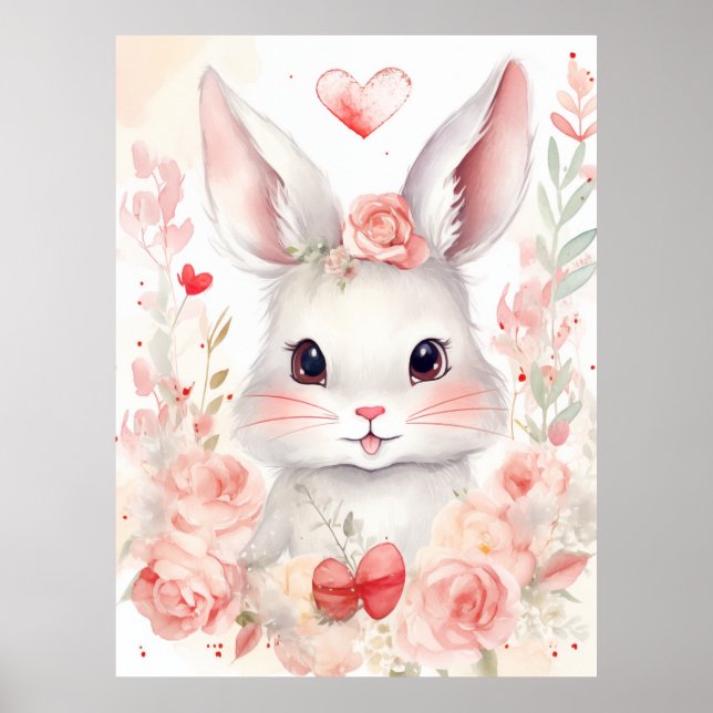 Affiche Lapin pastel avec des cœurs Yeux marron joues rose (Devant)