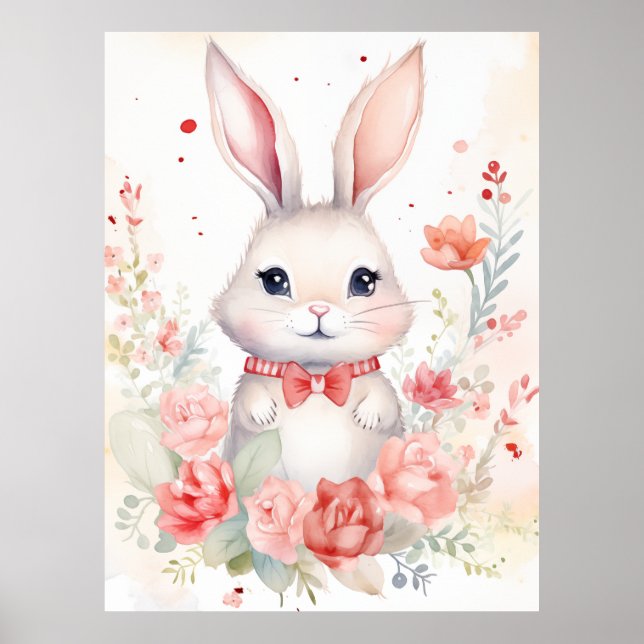 Affiche Lapin pastel avec roses et nœud rouge (Devant)
