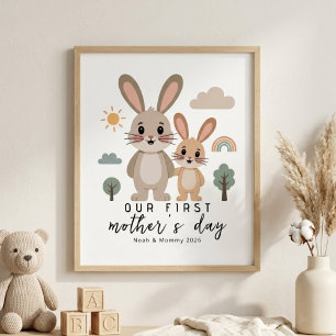 Affiche Lapin pastel Maman Bébé Premier jour de la fête de