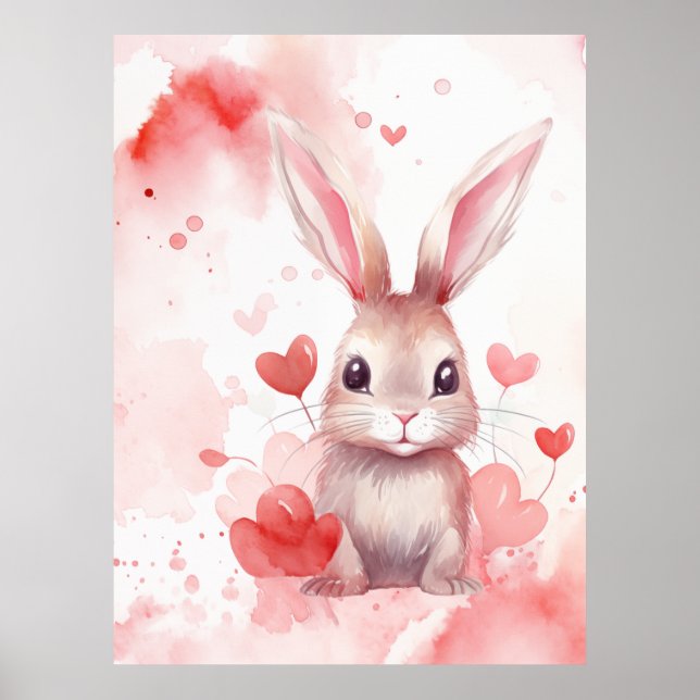 Affiche Lapin pastel super mignon coeurs Coeurs rouges (Devant)