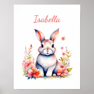 Affiche Lapin personnalisé aux fleurs roses