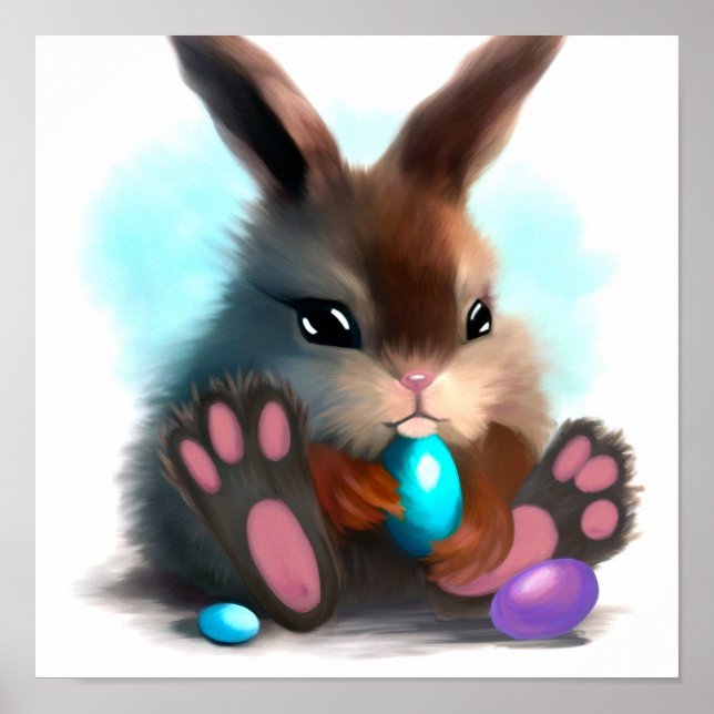 Affiche Lapin poilu avec des œufs de Pâques bleus et viole (Devant)
