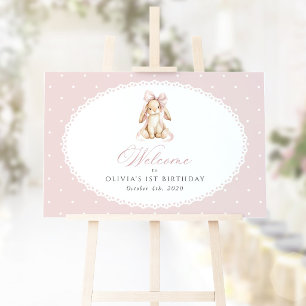 Affiche Lapin, pois roses, Bienvenue pour le premier anniv