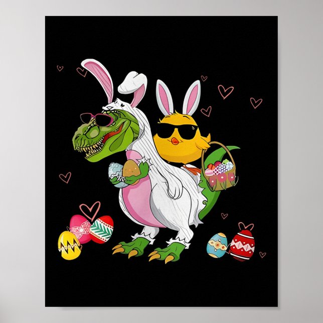 Affiche Lapin Poule à Cheval sur un Dinosaure T Rex Chasse (Devant)