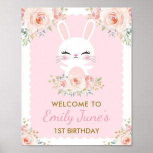 Affiche Lapin Rose Floral Cute Rabbit 1er fête d'anniversa