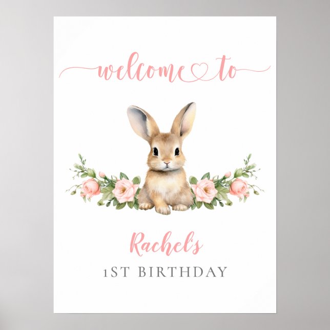 Affiche Lapin rose Floral Girl 1er anniversaire Bienvenue (Devant)