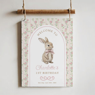 Affiche Lapin rose lapin vintage Bienvenue Anniversaire